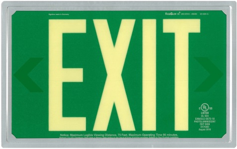 Green 1-sided Exit sign, ELP framing system, installed flush on the wall